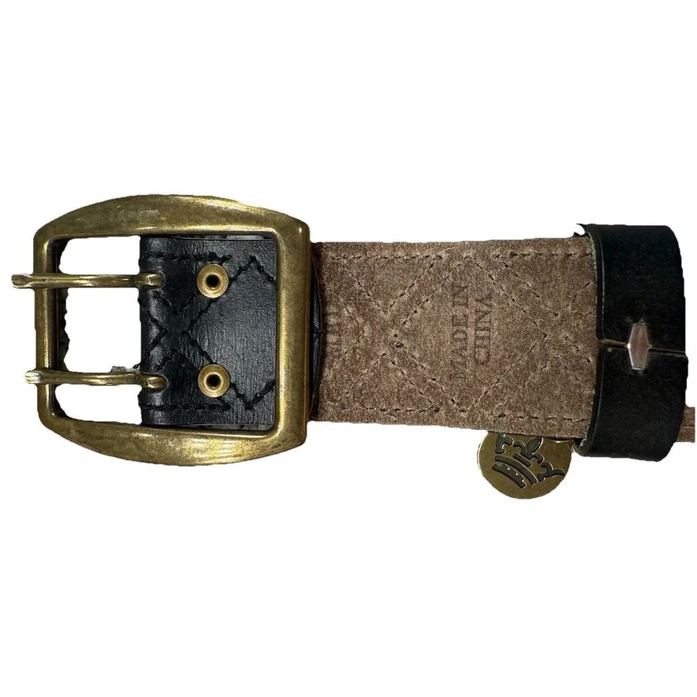 VTG Worn Studded Black Leather Belt Gold Color Buckle Sz 38